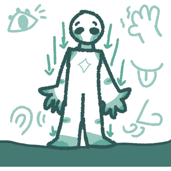 a white person with light teal cheeks and joints standing on a dark teal surface. there are teal arrows pointing down around their body and the ground, and light teal symbols for the five senses (eye, ear, nose, hand and tongue)